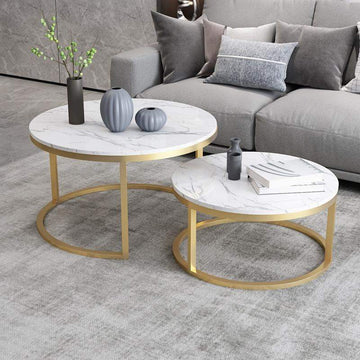 Nordic Round Coffee Table Gold Metal & White Marble Accent Table with Set of 2-Wehomz-Coffee Tables,Furniture,Living Room Furniture
